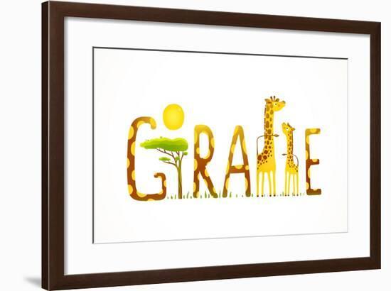 African Giraffe Animals Fun Lettering Landscape. Brightly Colored Childish Cartoon Sign. Vector Ill-Popmarleo-Framed Art Print