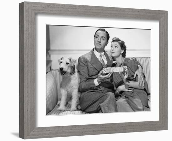 After the Thin Man by W.S. Van Dyke with Myrna Loy, William Powell, the dog Asta, 1936 (b/w photo)-null-Framed Photo