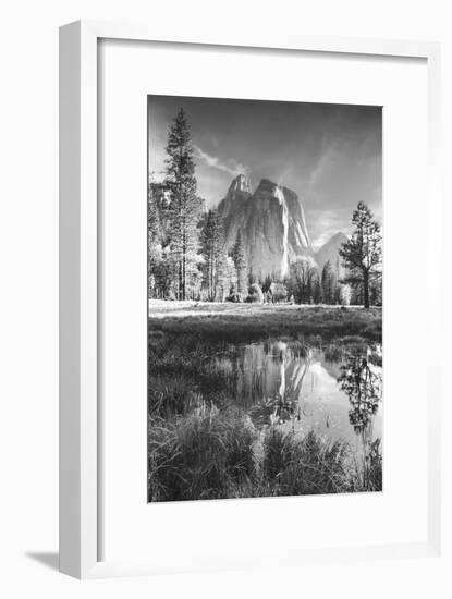 Afternoon at Cathedral Rocks, Reflections Yosemite Valley Black and White-Vincent James-Framed Photographic Print