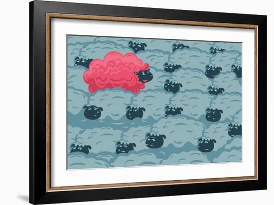 Against the Crowd. One Pink Sheep in the Group of Grey Sheep. Individuality Concept.-ne2pi-Framed Art Print