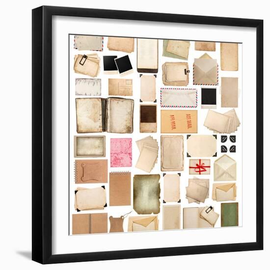 Aged Paper Sheets, Books, Pages and Old Postcards Isolated on White Background-LiliGraphie-Framed Photographic Print