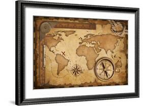 Aged Treasure Map, Ruler, Rope And Old Brass Compass Still Life-Andrey_Kuzmin-Framed Art Print