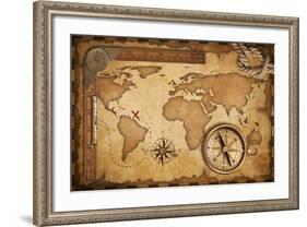 Aged Treasure Map, Ruler, Rope And Old Brass Compass Still Life-Andrey_Kuzmin-Framed Art Print