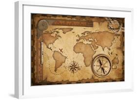 Aged Treasure Map, Ruler, Rope And Old Brass Compass Still Life-Andrey_Kuzmin-Framed Art Print
