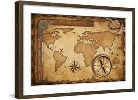 Aged Treasure Map, Ruler, Rope And Old Brass Compass Still Life-Andrey_Kuzmin-Framed Art Print