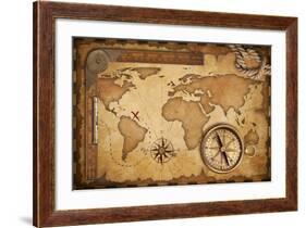 Aged Treasure Map, Ruler, Rope And Old Brass Compass Still Life-Andrey_Kuzmin-Framed Art Print