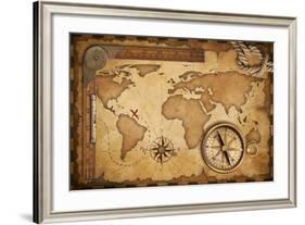Aged Treasure Map, Ruler, Rope And Old Brass Compass Still Life-Andrey_Kuzmin-Framed Art Print
