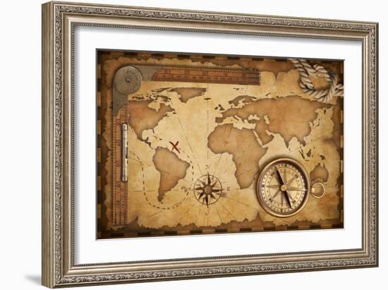 Aged Treasure Map, Ruler, Rope And Old Brass Compass Still Life-Andrey_Kuzmin-Framed Art Print