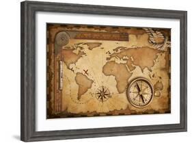 Aged Treasure Map, Ruler, Rope And Old Brass Compass Still Life-Andrey_Kuzmin-Framed Art Print
