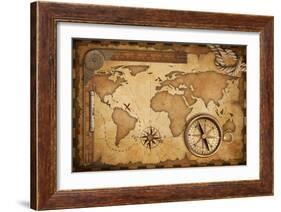 Aged Treasure Map, Ruler, Rope And Old Brass Compass Still Life-Andrey_Kuzmin-Framed Art Print