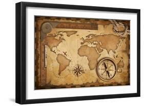 Aged Treasure Map, Ruler, Rope And Old Brass Compass Still Life-Andrey_Kuzmin-Framed Art Print
