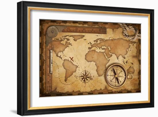 Aged Treasure Map, Ruler, Rope And Old Brass Compass Still Life-Andrey_Kuzmin-Framed Art Print