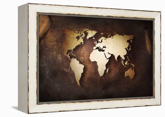 Aged World Map on a Dirty Piece of Fabric-null-Framed Stretched Canvas