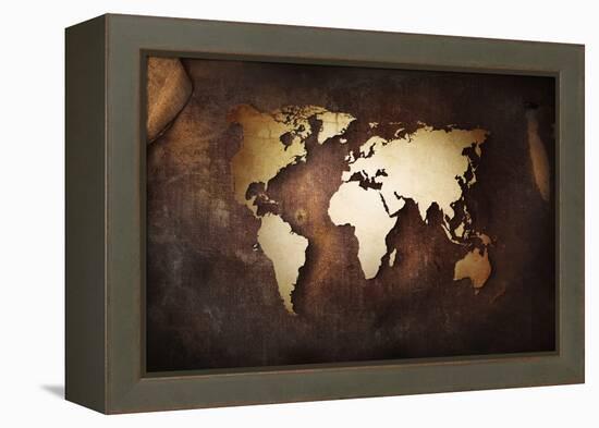 Aged World Map on a Dirty Piece of Fabric-null-Framed Stretched Canvas