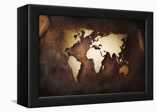 Aged World Map on a Dirty Piece of Fabric-null-Framed Stretched Canvas