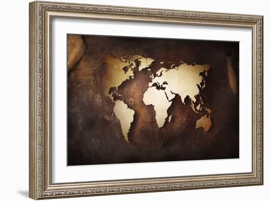 Aged World Map on a Dirty Piece of Fabric-null-Framed Art Print