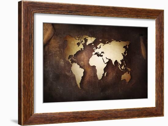 Aged World Map on a Dirty Piece of Fabric-null-Framed Art Print