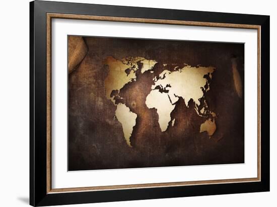 Aged World Map on a Dirty Piece of Fabric-null-Framed Art Print