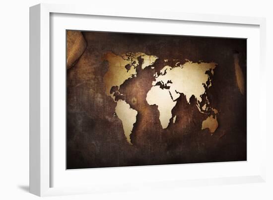 Aged World Map on a Dirty Piece of Fabric-null-Framed Art Print