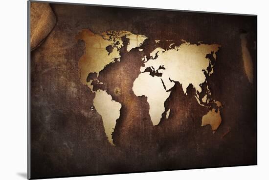 Aged World Map on a Dirty Piece of Fabric-null-Mounted Art Print