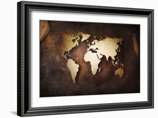 Aged World Map on a Dirty Piece of Fabric-null-Framed Art Print