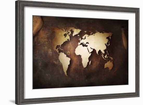 Aged World Map on a Dirty Piece of Fabric--Framed Art Print