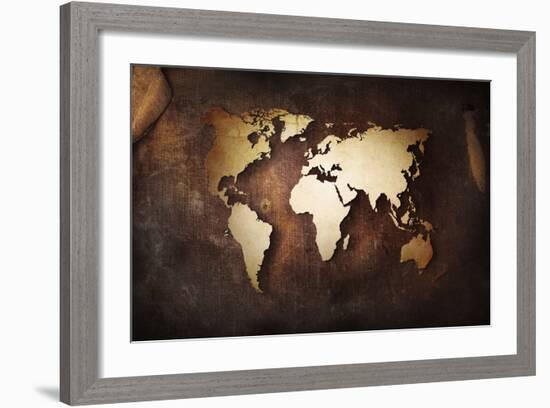 Aged World Map on a Dirty Piece of Fabric-null-Framed Art Print