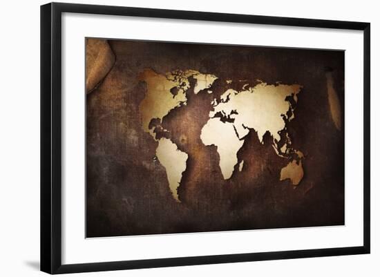 Aged World Map on a Dirty Piece of Fabric-null-Framed Art Print