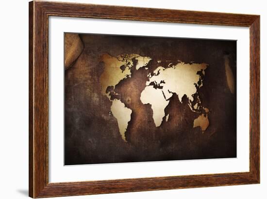 Aged World Map on a Dirty Piece of Fabric-null-Framed Art Print