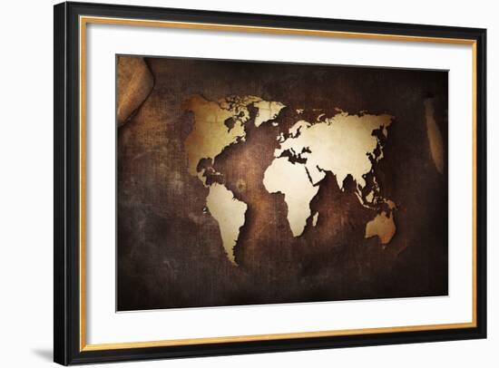 Aged World Map on a Dirty Piece of Fabric-null-Framed Art Print