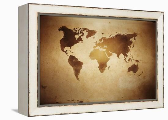 Aged World Map on Dirty Paper-null-Framed Stretched Canvas