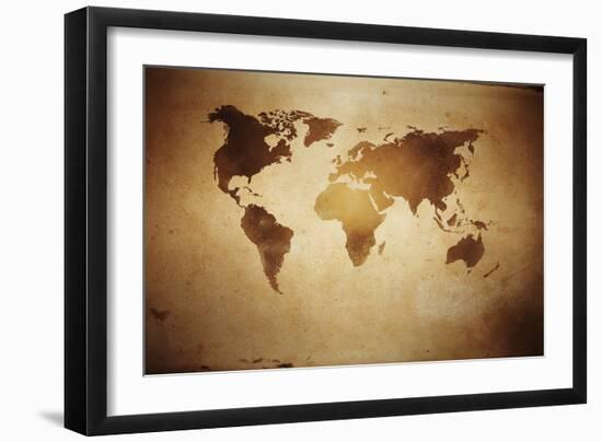 Aged World Map on Dirty Paper-null-Framed Art Print