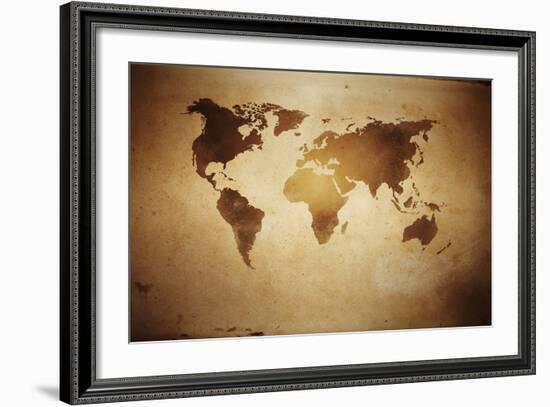 Aged World Map on Dirty Paper-null-Framed Art Print