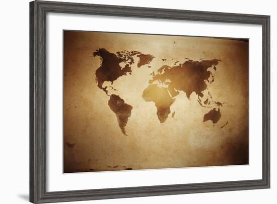 Aged World Map on Dirty Paper-null-Framed Art Print