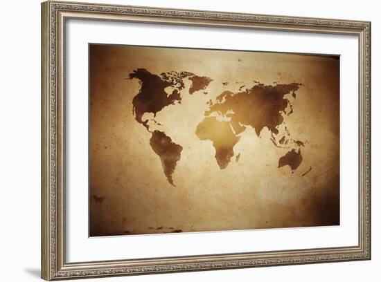 Aged World Map on Dirty Paper-null-Framed Art Print