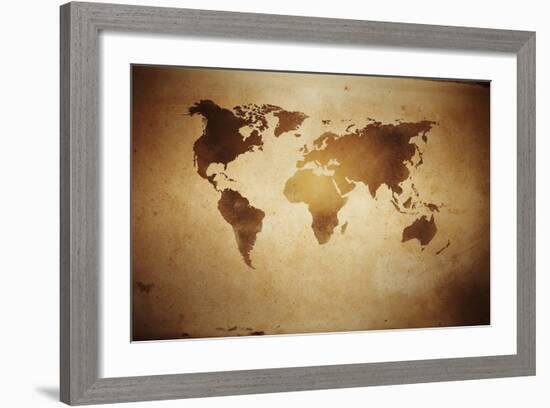 Aged World Map on Dirty Paper-null-Framed Art Print