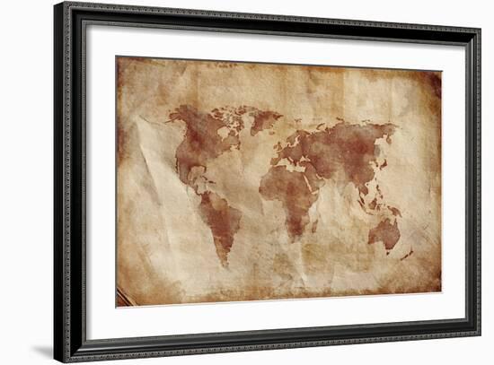 Aged World Map on Dirty Paper-null-Framed Art Print