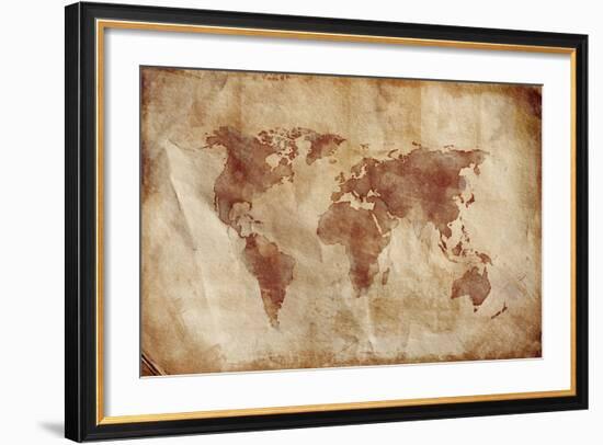 Aged World Map on Dirty Paper-null-Framed Art Print