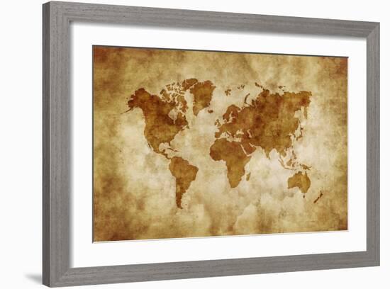 Aged World Map on Dirty Paper-null-Framed Art Print