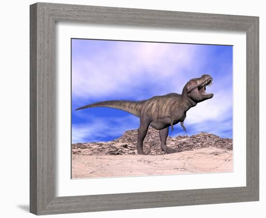 Aggressive Tyrannosaurus Rex Dinosaur in the Desert-null-Framed Art Print