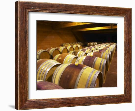 Aging Cellars with Rows of Oak Barrels, Domaine Pierre Gaillard, Malleval, Ardeche, France-Per Karlsson-Framed Photographic Print