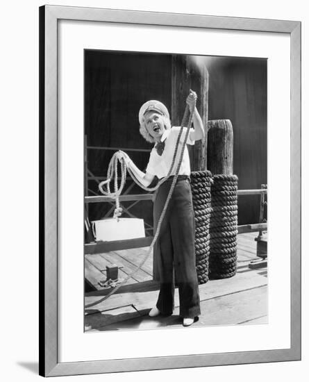 Ahoy, from a Young Woman in a Sailor's Outfit, Holding a Heavy Rope-null-Framed Photo