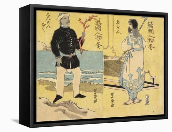 Ainu (Right), Malayan(Left)-Utagawa Yoshiiku-Framed Premier Image Canvas