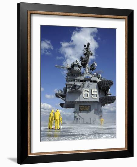 Air Department Sailors Test the Sprinkler System On the Flight Deck of the USS Enterprise-Stocktrek Images-Framed Photographic Print