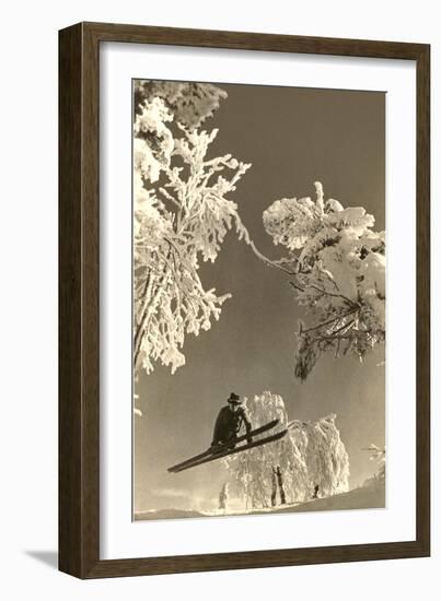 Airborne Skier Amid Frost-Laden Trees-null-Framed Art Print