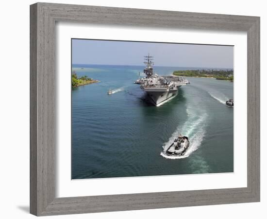 Aircraft Carrier USS Ronald Reagan Transits Pearl Harbor Into Hawaii-Stocktrek Images-Framed Photographic Print