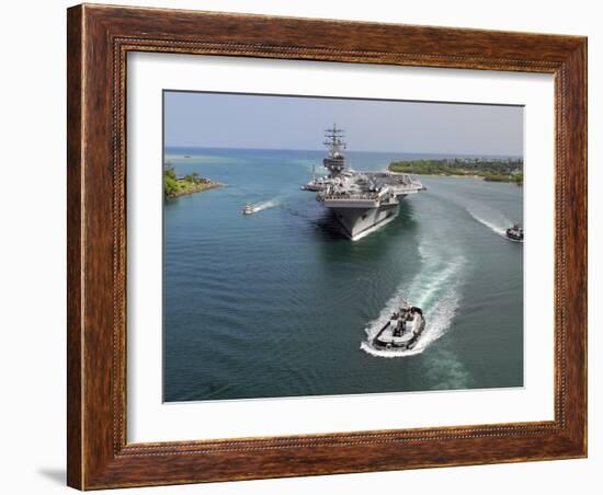 Aircraft Carrier USS Ronald Reagan Transits Pearl Harbor Into Hawaii-Stocktrek Images-Framed Photographic Print