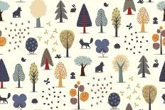 The Vector Illustrated Seamless Pattern of Flat Forest Elements - Various Trees, Wild Animals and S-Airibis-Framed Art Print