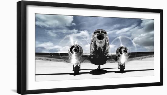 Airplaine taking off in a blue sky-Gasoline Images-Framed Art Print