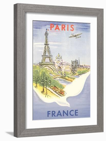 Airplane Flying over Paris, France-null-Framed Art Print